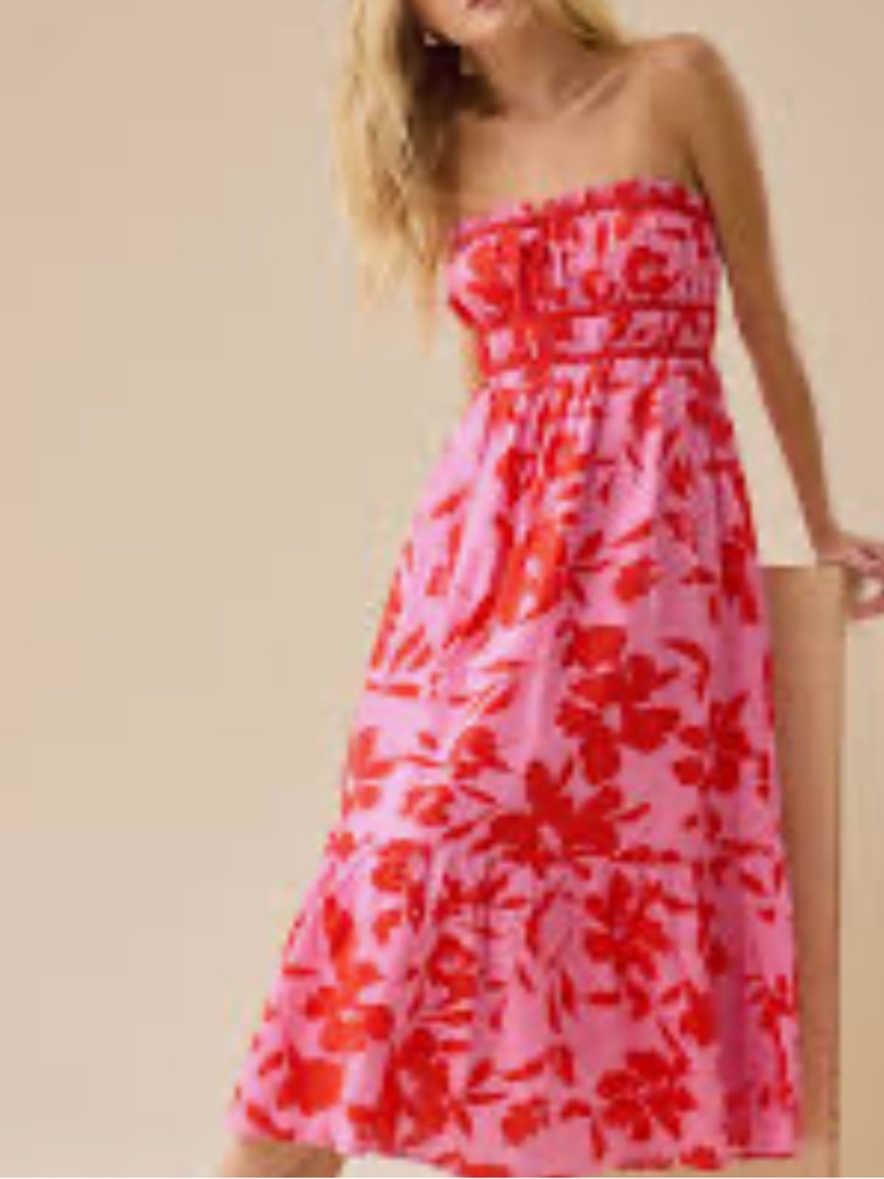 Wishing waves Pink Floral Strapless Front Tie Midi Dress